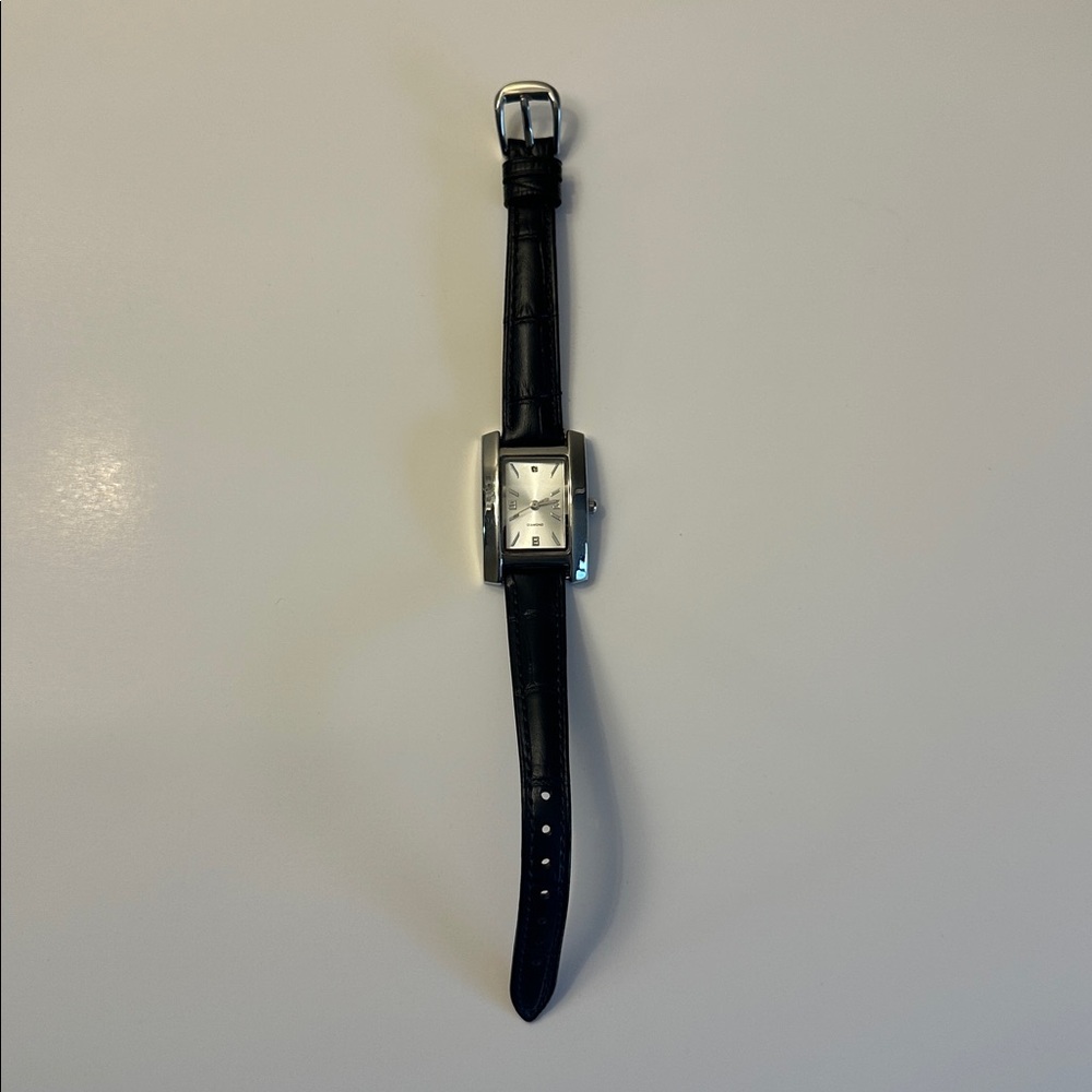 Ladies Tank Watch With Black Genuine Leather Strap